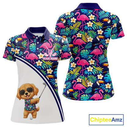 Funny Womens Golf Polo Shirt Custom Tropical Golden Retriever Ladies Golf Tops, Dog Lover Gift NHN0201