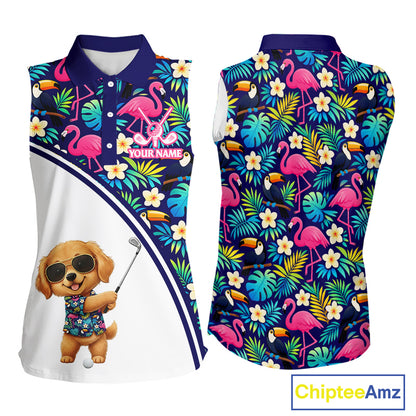 Womens Sleeveless Golf Polo Shirt Custom Tropical Golden Retriever Ladies Golf Tops, Dog Lover Gift NHN0201