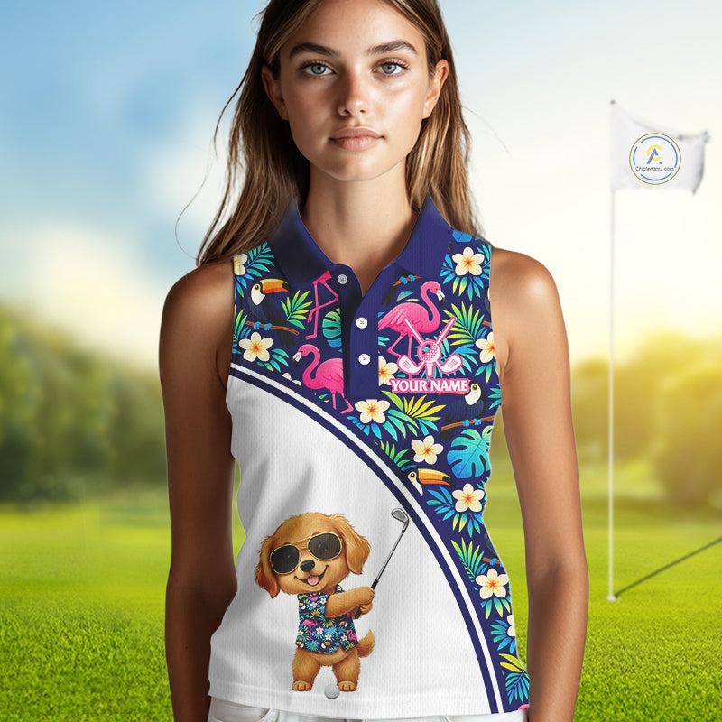 Womens Sleeveless Golf Polo Shirt Custom Tropical Golden Retriever Ladies Golf Tops, Dog Lover Gift NHN0201