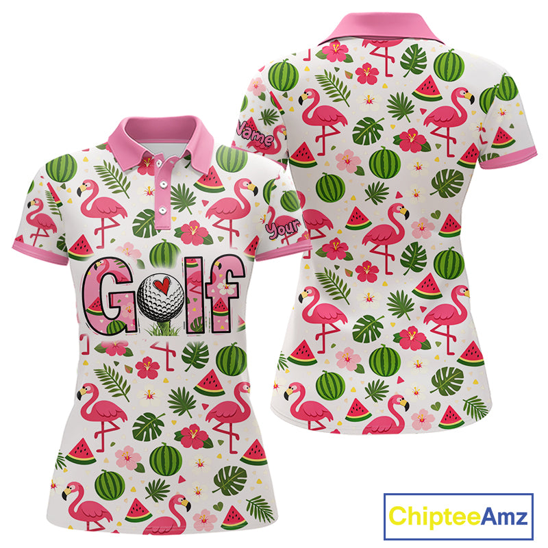 Pink Flamingo Tropical Pattern Womens Golf Polo Shirt Custom Funny Team Ladies Golf Tops, Golf Gift NHN0202