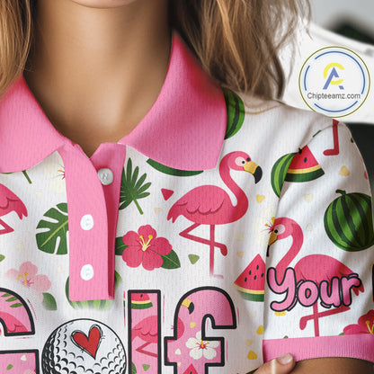 Pink Flamingo Tropical Pattern Womens Golf Polo Shirt Custom Funny Team Ladies Golf Tops, Golf Gift NHN0202