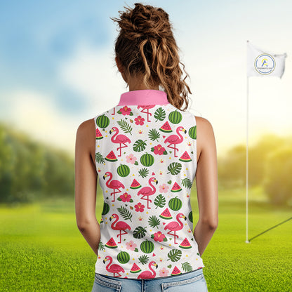 Pink Flamingo Tropical Womens Sleeveless Golf Polo Shirt Custom Funny Ladies Golf Tops, Golf Gift NHN0202