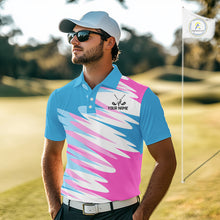 Load image into Gallery viewer, Mens Golf Polo Shirt Custom Blue And Pink Golf Shirt, White Team Golf Shirts Personalized  NHN0076