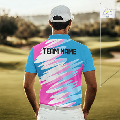 Mens Golf Polo Shirt Custom Blue And Pink Golf Shirt, White Team Golf Shirts Personalized  NHN0076