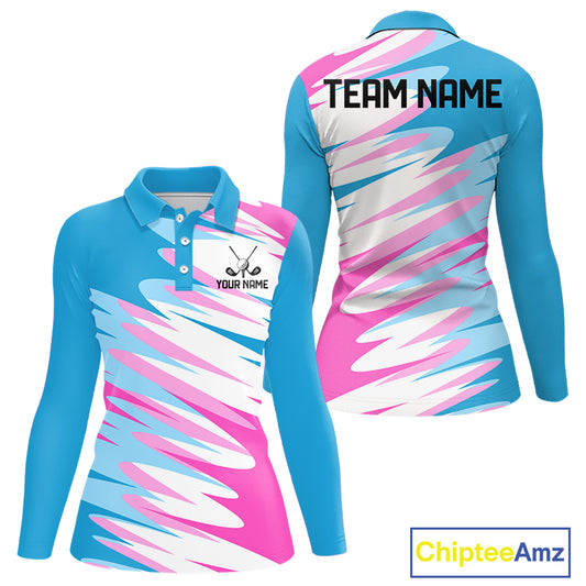 Womens Long Sleeve Golf Polos Shirt Custom Blue & Pink Golf Shirt Personalized White Team Golf Shirts NHN0076