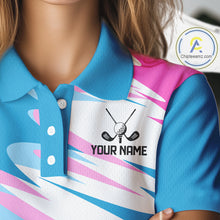 Load image into Gallery viewer, Womens Golf Polo Shirts Custom Blue And Pink Golf Shirt Personalized White Team Golf Shirts NHN0076