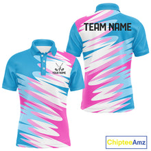 Load image into Gallery viewer, Mens Golf Polo Shirt Custom Blue And Pink Golf Shirt, White Team Golf Shirts Personalized  NHN0076