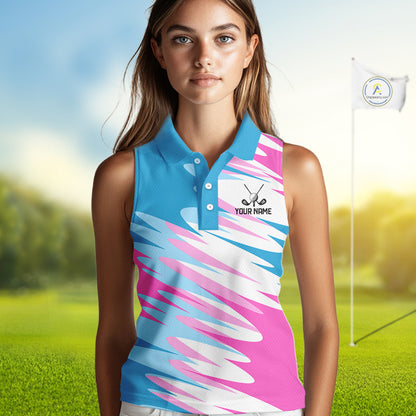 Womens Sleeveless Golf Polo Shirt Custom Blue And Pink Golf Shirt Personalized White Team Golf Shirts NHN0076