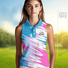 Load image into Gallery viewer, Womens Sleeveless Golf Polo Shirt Custom Blue And Pink Golf Shirt Personalized White Team Golf Shirts NHN0076