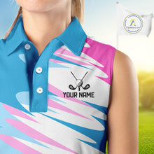 Load image into Gallery viewer, Womens Sleeveless Golf Polo Shirt Custom Blue And Pink Golf Shirt Personalized White Team Golf Shirts NHN0076