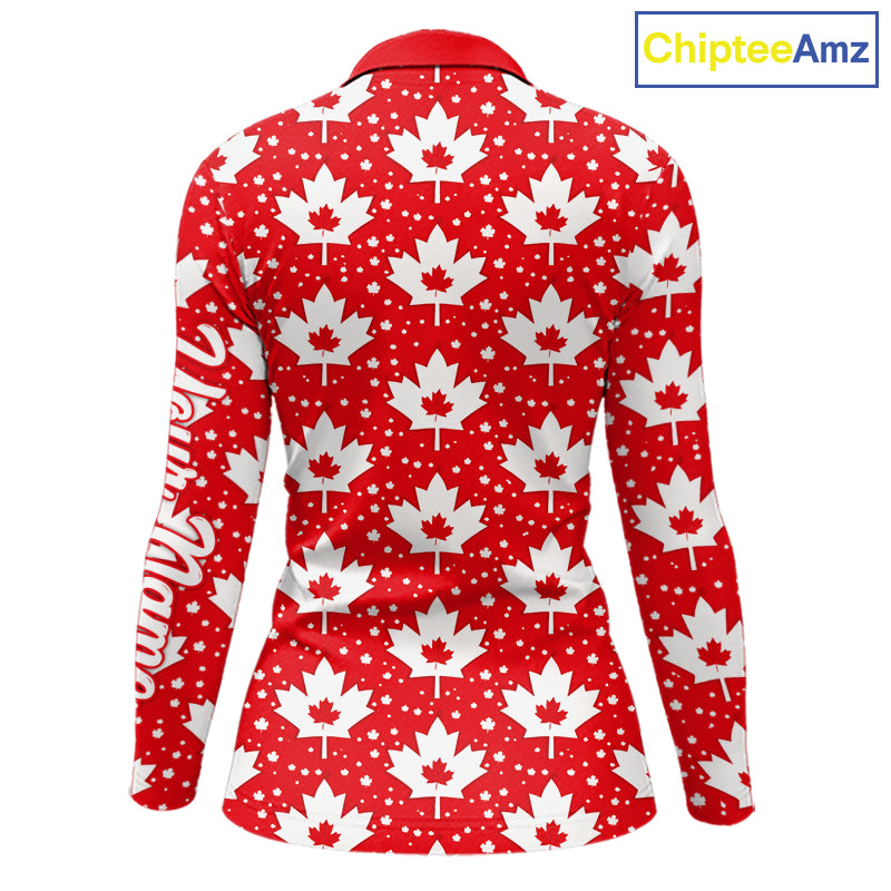 Red Maple Leaves Pattern Canadian Long Sleeve Womens Golf Polo Shirts Custom Patriotic Golf Shirts NHN0207