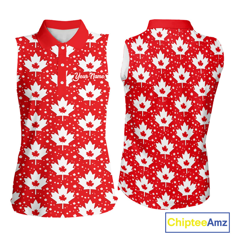 Red Maple Leaves Pattern Canadian Sleeveless Womens Golf Polo Shirts Custom Patriotic Golf Shirts For Men NHN0207