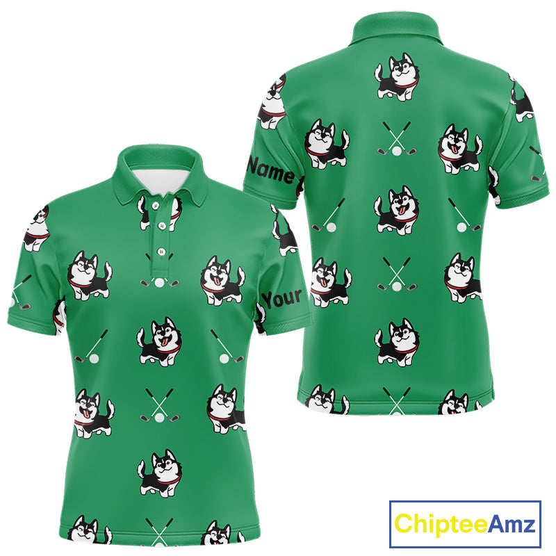 Mens Golf Polo Shirt Custom Funny Husky Green Pattern Team Men Golf Tops, Dog Lover Gift NHN0065