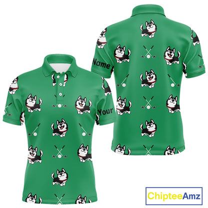 Mens Golf Polo Shirt Custom Funny Husky Green Pattern Team Men Golf Tops, Dog Lover Gift NHN0065