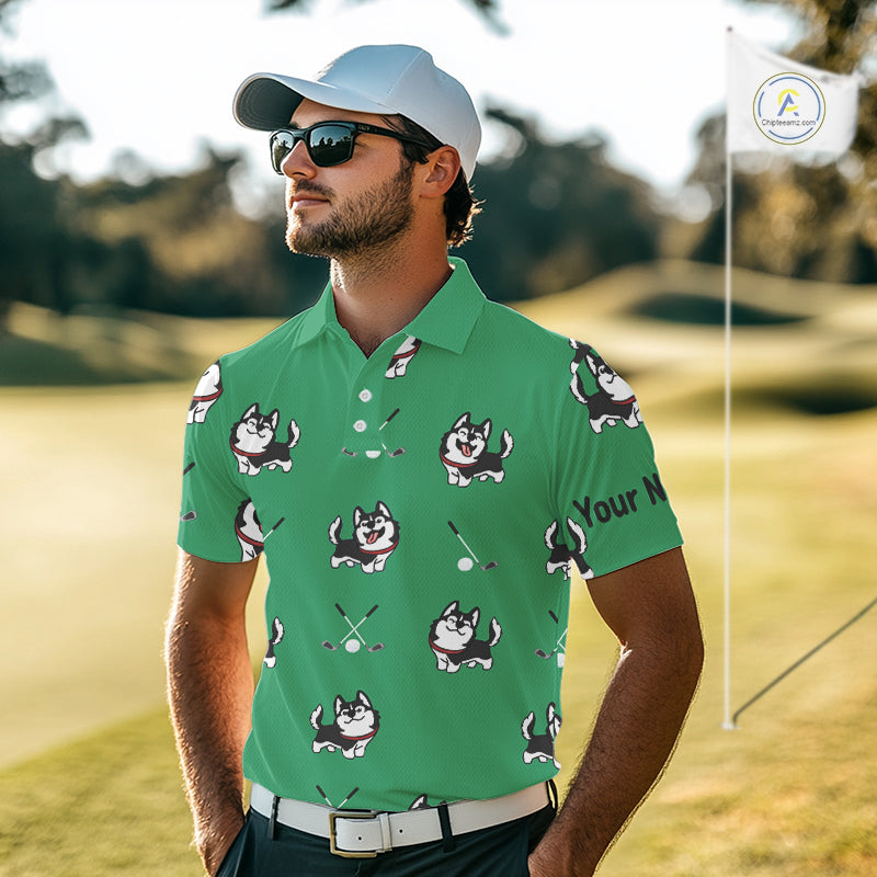 Mens Golf Polo Shirt Custom Funny Husky Green Pattern Team Men Golf Tops, Dog Lover Gift NHN0065