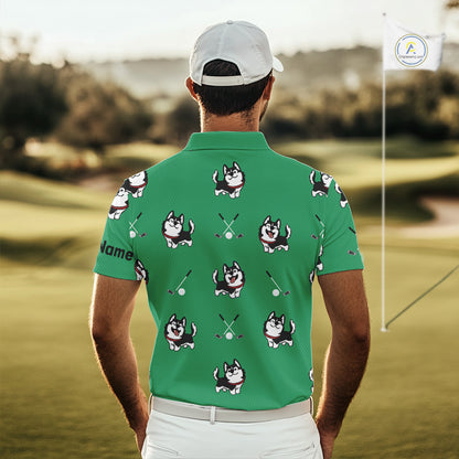 Mens Golf Polo Shirt Custom Funny Husky Green Pattern Team Men Golf Tops, Dog Lover Gift NHN0065