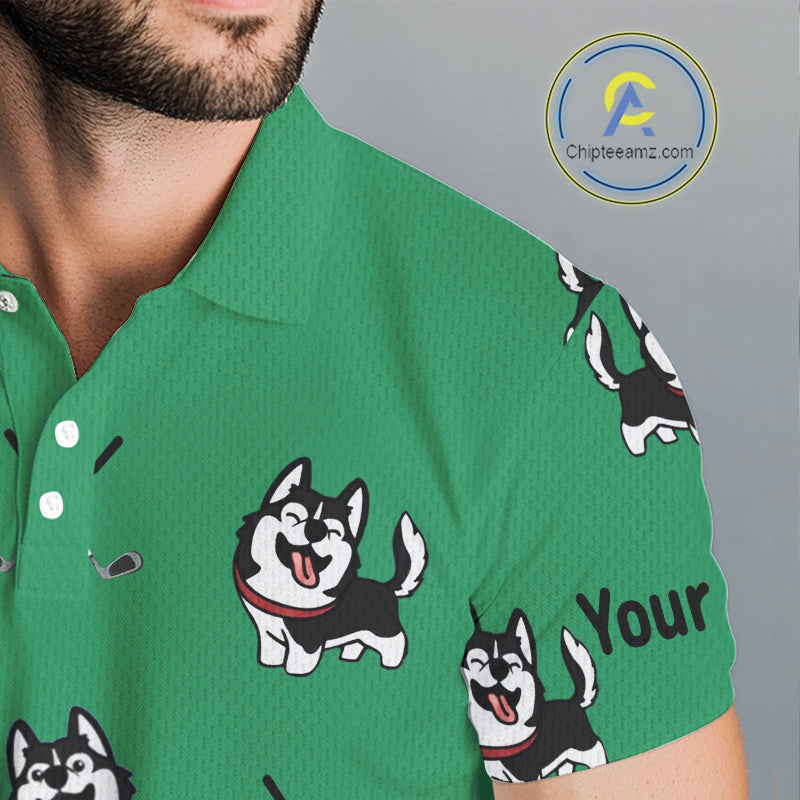 Mens Golf Polo Shirt Custom Funny Husky Green Pattern Team Men Golf Tops, Dog Lover Gift NHN0065