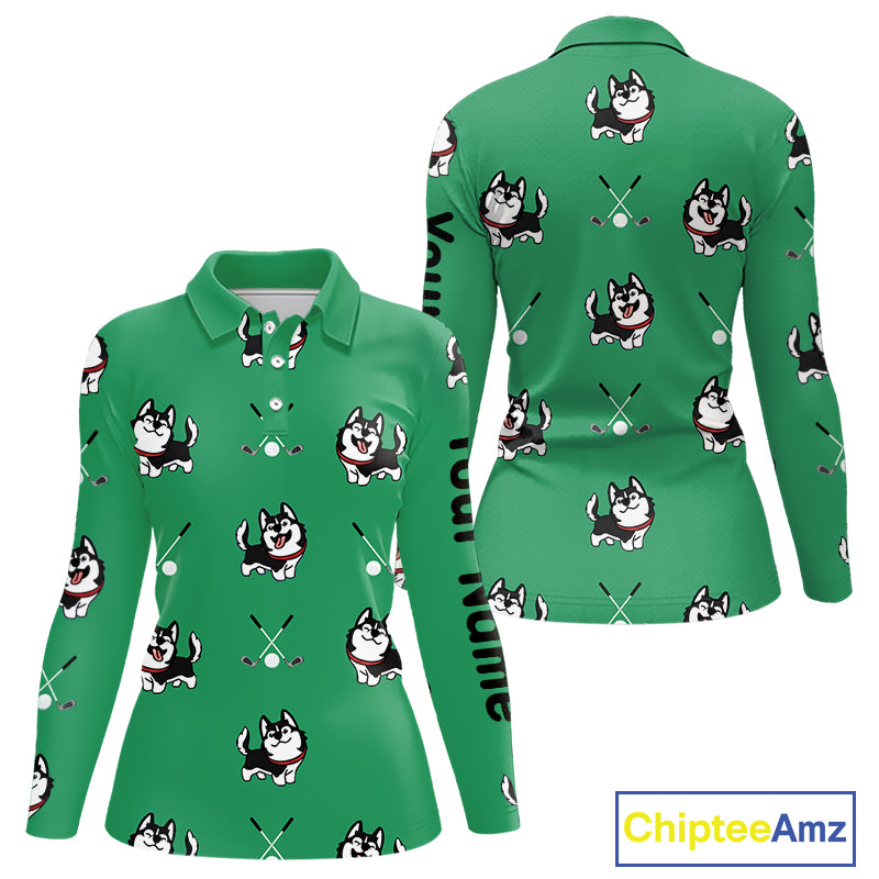 Womens Long Sleeve Golf Polo Shirt Custom Funny Husky Green Pattern Team Ladies Golf Tops, Dog Lover Gift NHN0065