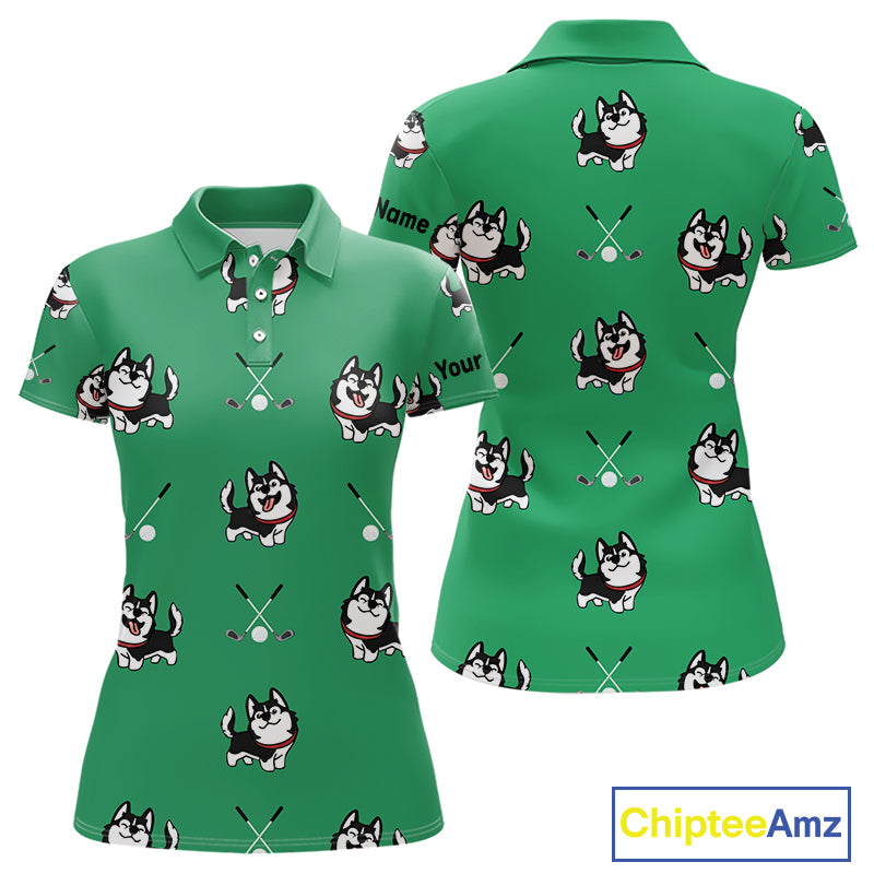 Womens Golf Polo Shirt Custom Funny Husky Green Pattern Team Ladies Golf Tops, Dog Lover Gift NHN0065