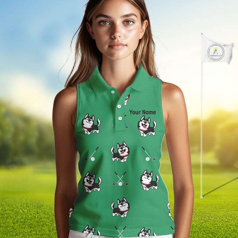 Womens Sleeveless Golf Polo Shirt Custom Funny Husky Green Pattern Team Ladies Golf Tops, Dog Lover Gift NHN0065