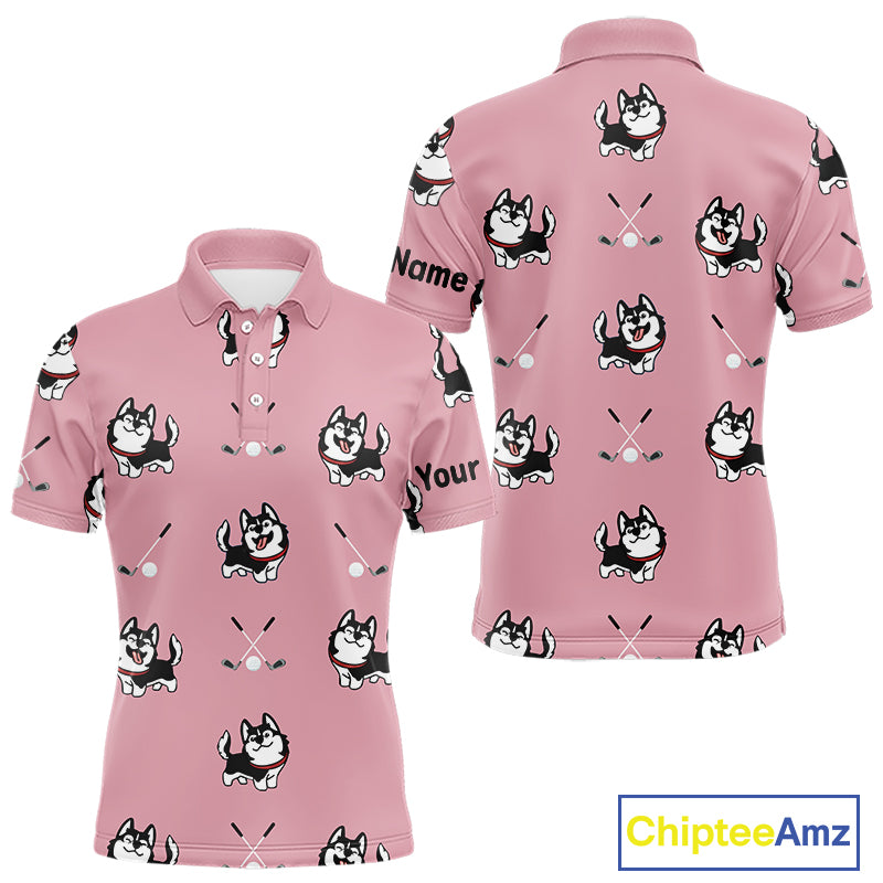 Mens Golf Polo Shirt Custom Funny Husky Pink Pattern Team Golf Tops For Men, Dog Lover Gift NHN0065
