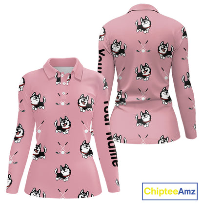 Womens Long Sleeve Golf Polo Shirt Custom Funny Husky Pink Pattern Team Ladies Golf Tops, Dog Lover Gift NHN0065