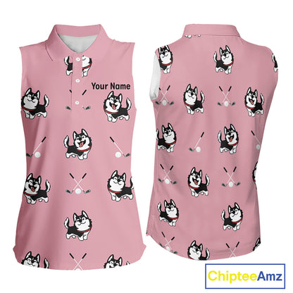 Womens Sleeveless Golf Polo Shirt Custom Funny Husky Pink Pattern Team Ladies Golf Tops, Dog Lover Gift NHN0065