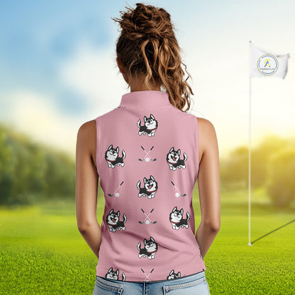 Womens Sleeveless Golf Polo Shirt Custom Funny Husky Pink Pattern Team Ladies Golf Tops, Dog Lover Gift NHN0065
