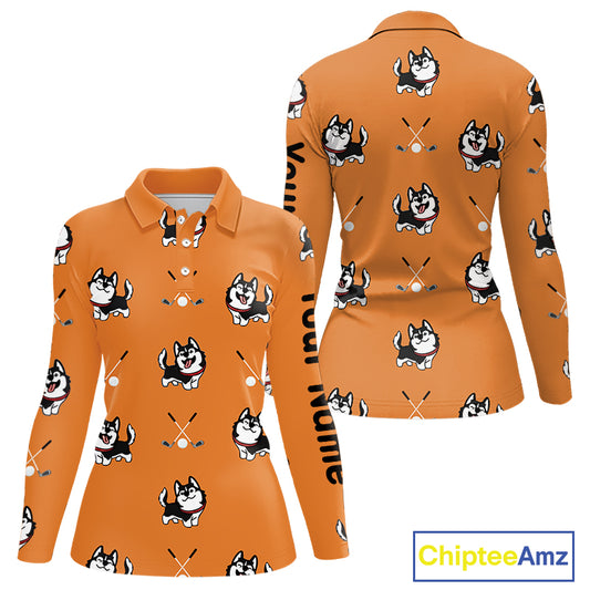 Womens Long Sleeve Golf Polo Shirt Custom Funny Husky Orange Pattern Team Ladies Golf Tops, Dog Lover Gift NHN0065