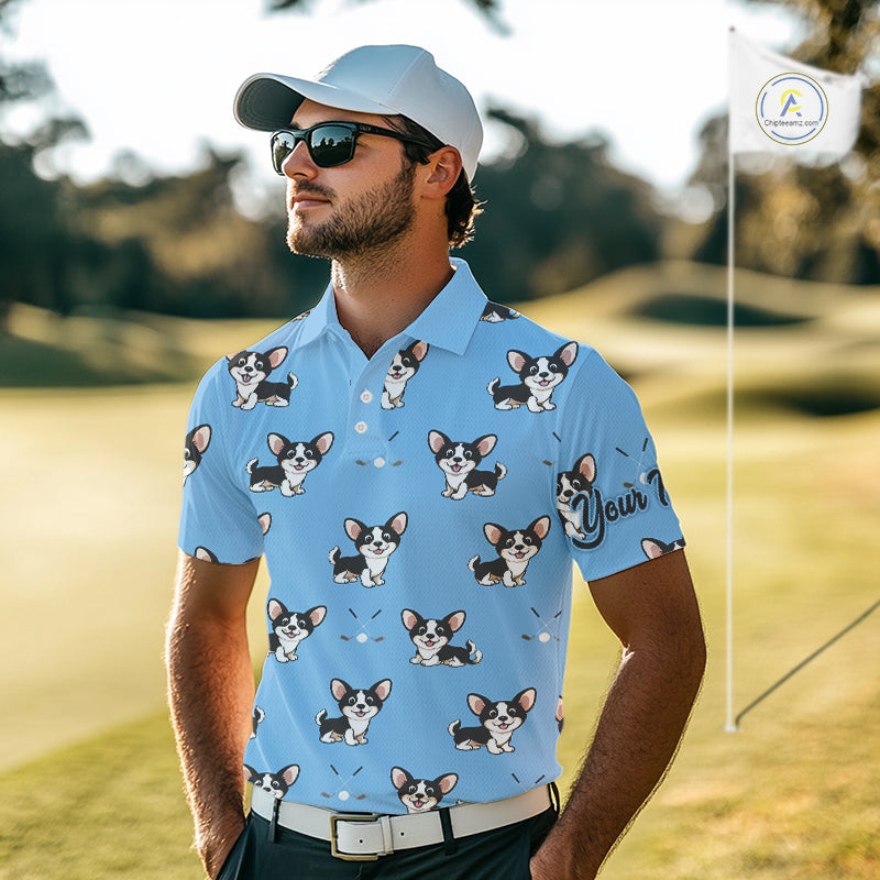 Mens Golf Polo Shirt Custom Funny Chihuahua Blue Pattern Team Mens Golf Top, Dog Lover Gift NHN0211