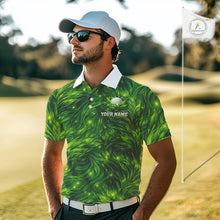 Load image into Gallery viewer, Green Mens Golf Polo Shirt Custom Leaf Pattern Golf Ball Personalized Team Golf Tops, Golf Gifts NHN0222