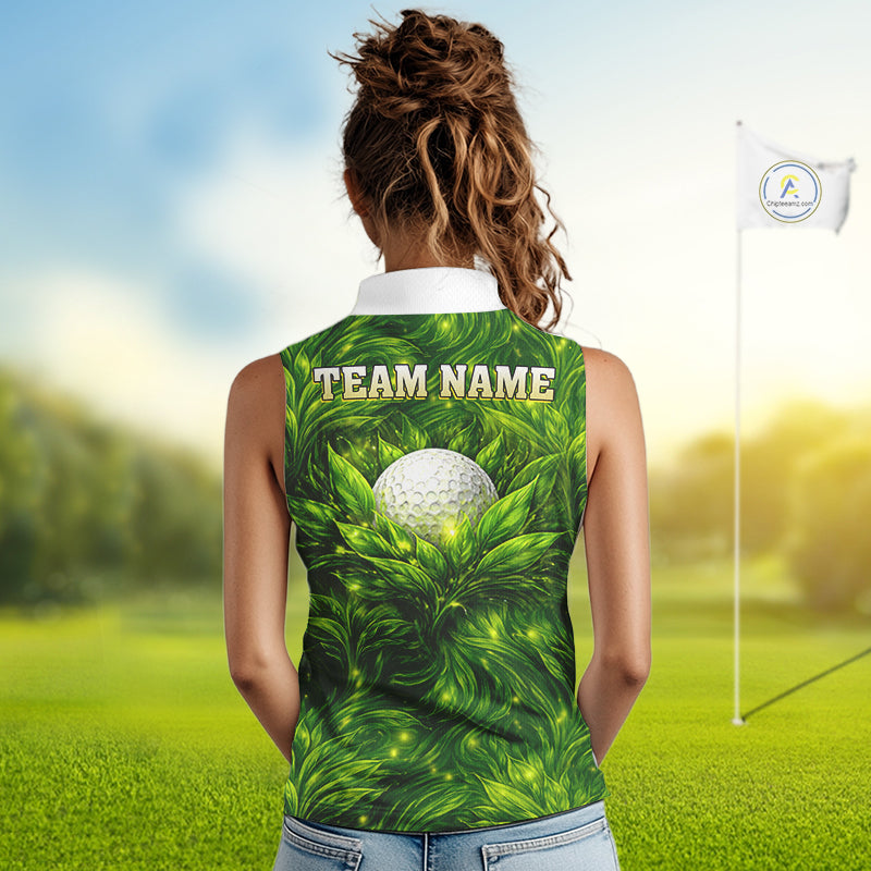 Green Sleeveless Womens Golf Polo Shirt Custom Leaf Pattern Golf Ball Team Golf Tops, Golf Gifts NHN0222