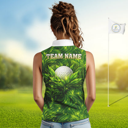 Green Sleeveless Womens Golf Polo Shirt Custom Leaf Pattern Golf Ball Team Golf Tops, Golf Gifts NHN0222