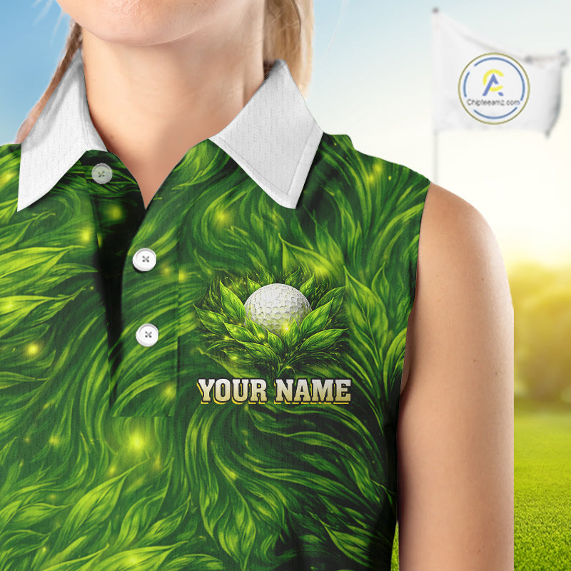 Green Sleeveless Womens Golf Polo Shirt Custom Leaf Pattern Golf Ball Team Golf Tops, Golf Gifts NHN0222