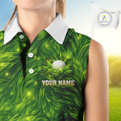 Green Sleeveless Womens Golf Polo Shirt Custom Leaf Pattern Golf Ball Team Golf Tops, Golf Gifts NHN0222