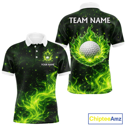 Mens Golf Polo Shirt Neon Green Flame Golf Ball Custom Green Clover St Patricks Day Golf Shirts NHN0223
