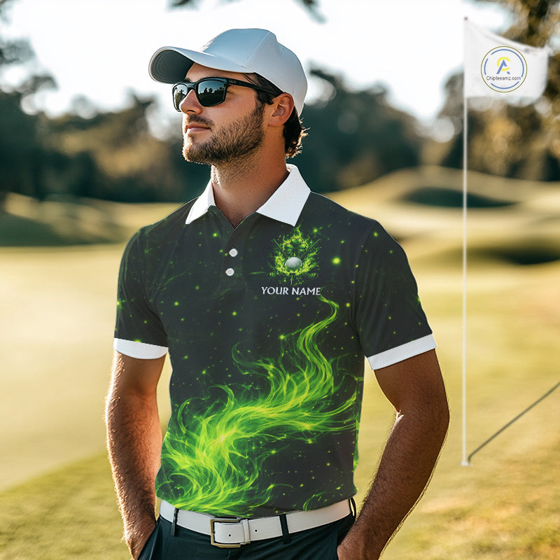 Mens Golf Polo Shirt Neon Green Flame Golf Ball Custom Green Clover St Patricks Day Golf Shirts NHN0223