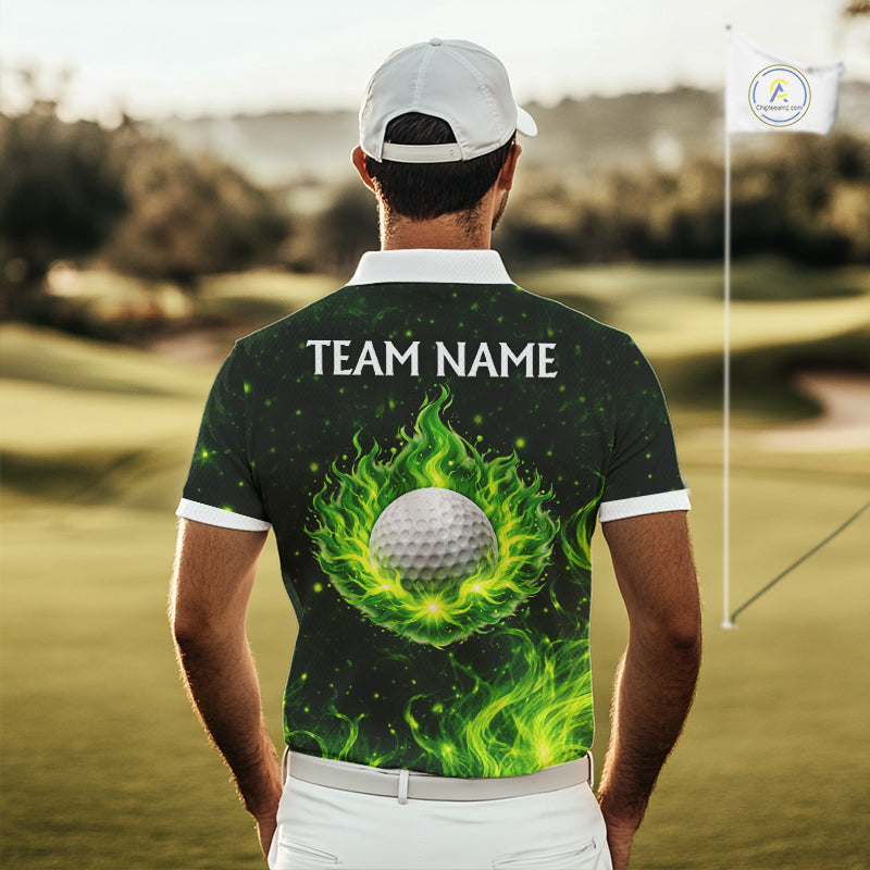 Mens Golf Polo Shirt Neon Green Flame Golf Ball Custom Green Clover St Patricks Day Golf Shirts NHN0223