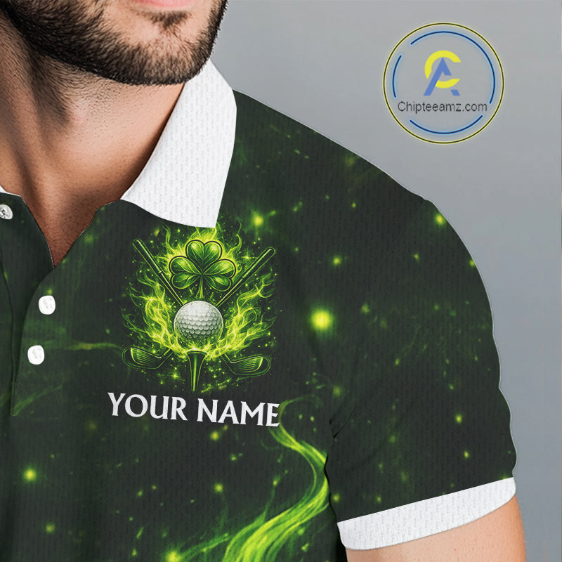 Mens Golf Polo Shirt Neon Green Flame Golf Ball Custom Green Clover St Patricks Day Golf Shirts NHN0223