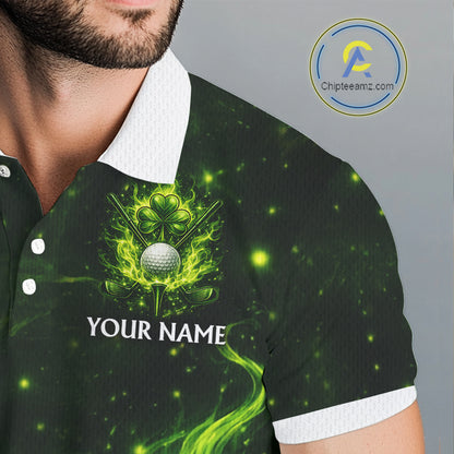 Mens Golf Polo Shirt Neon Green Flame Golf Ball Custom Green Clover St Patricks Day Golf Shirts NHN0223