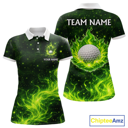 Womens Golf Polo Shirt Neon Green Flame Golf Ball Custom Green Clover St Patricks Day Golf Shirts NHN0223