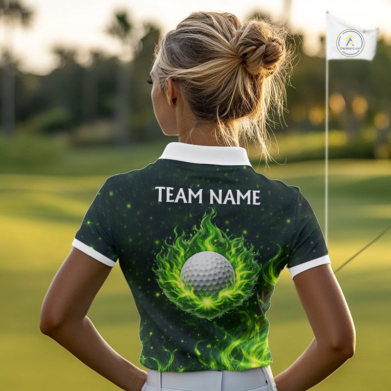 Womens Golf Polo Shirt Neon Green Flame Golf Ball Custom Green Clover St Patricks Day Golf Shirts NHN0223