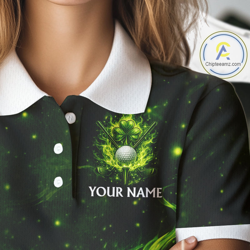 Womens Golf Polo Shirt Neon Green Flame Golf Ball Custom Green Clover St Patricks Day Golf Shirts NHN0223
