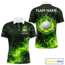 Load image into Gallery viewer, Mens Golf Polo Shirt Neon Green Flame Golf Ball Custom Green Clover St Patricks Day Golf Shirts NHN0223