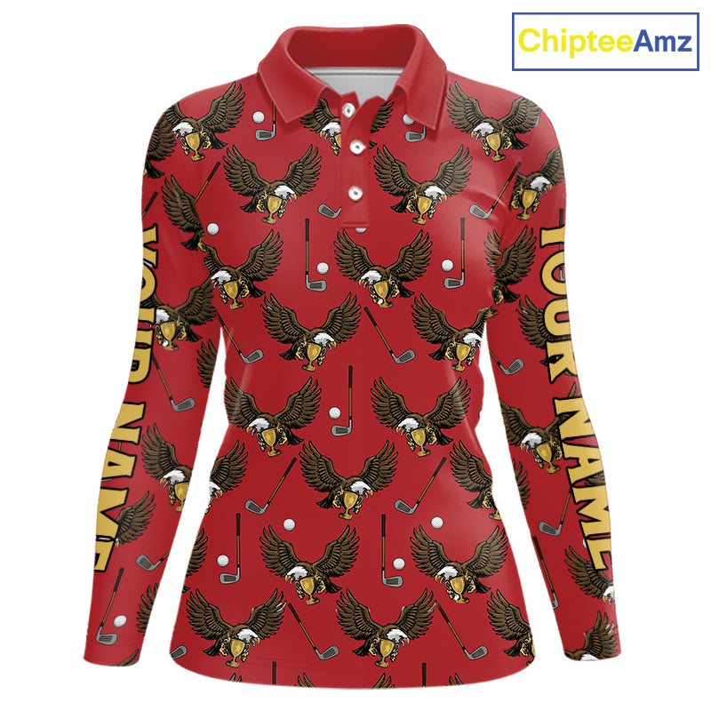 Golf Polo Shirts, Eagle Womens Long Sleeve Golf Polo Shirt Custom Red Golf Shirts For Ladies, Golf Gifts NHN0091