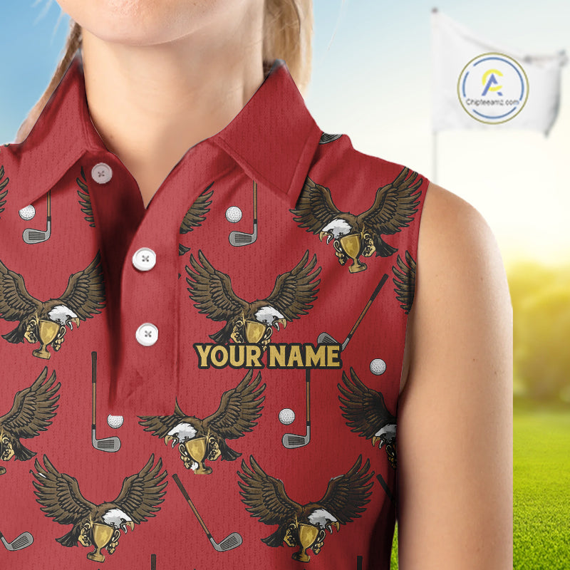 Golf Polo Shirts, Eagle Womens Sleeveless Golf Polo Shirt Custom Red Golf Shirts For Ladies, Golf Gifts NHN0091