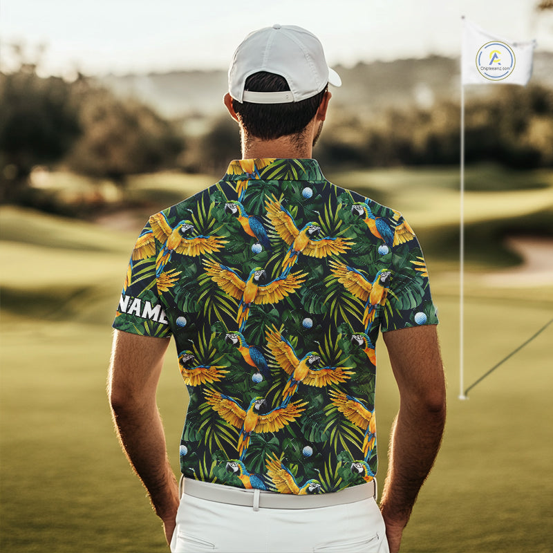 Mens Golf Polo Shirt Custom Colorful Parrots And Floral Tropical Pattern Team Golf Shirts, Golf Gift NHN0092