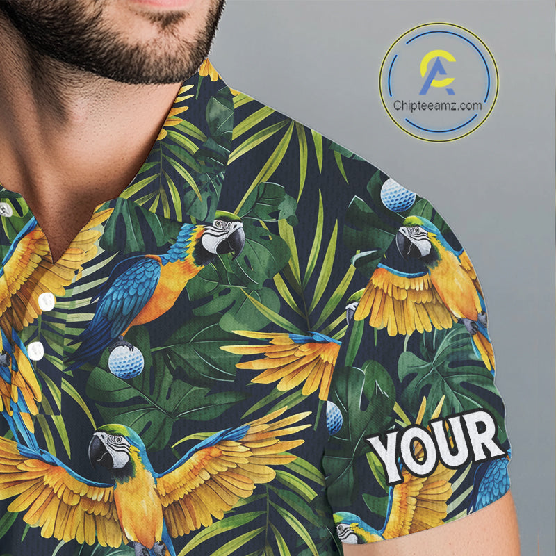 Mens Golf Polo Shirt Custom Colorful Parrots And Floral Tropical Pattern Team Golf Shirts, Golf Gift NHN0092