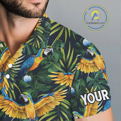 Mens Golf Polo Shirt Custom Colorful Parrots And Floral Tropical Pattern Team Golf Shirts, Golf Gift NHN0092