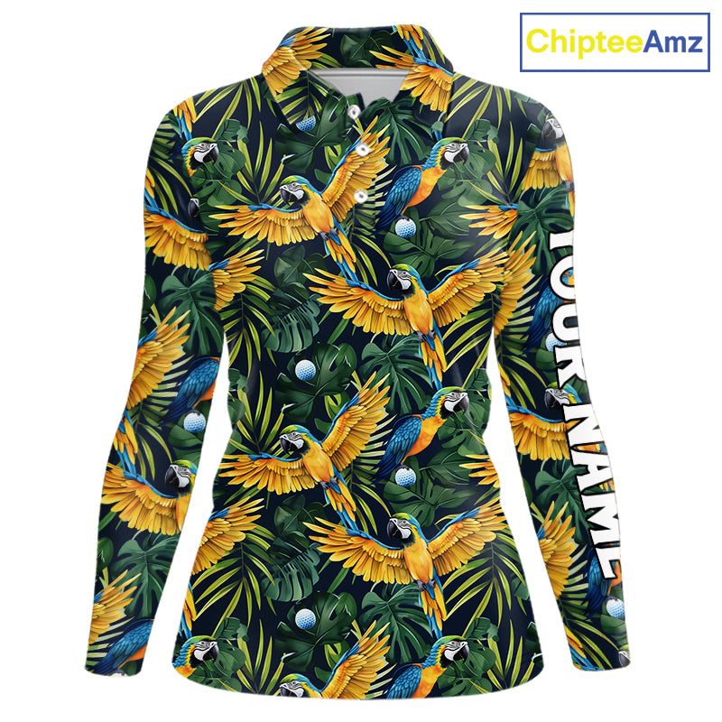 Womens Long Sleeve Golf Polo Shirt Custom Colorful Parrots And Floral Tropical Pattern Team Golf Shirts NHN0092